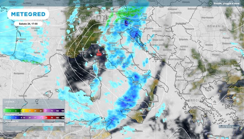 Situazione e precipitazioni previste per sabato 24 ottobre: tornano le piogge, nevica sulle Alpi specie orientali.