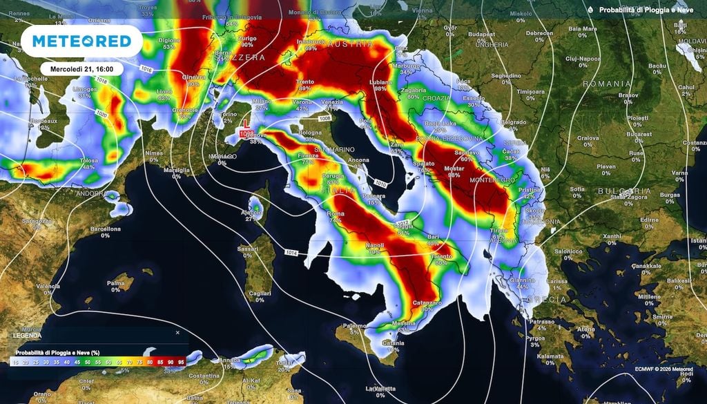 alta probabilità di precipitazioni anche domani in molte zone d'Italia.