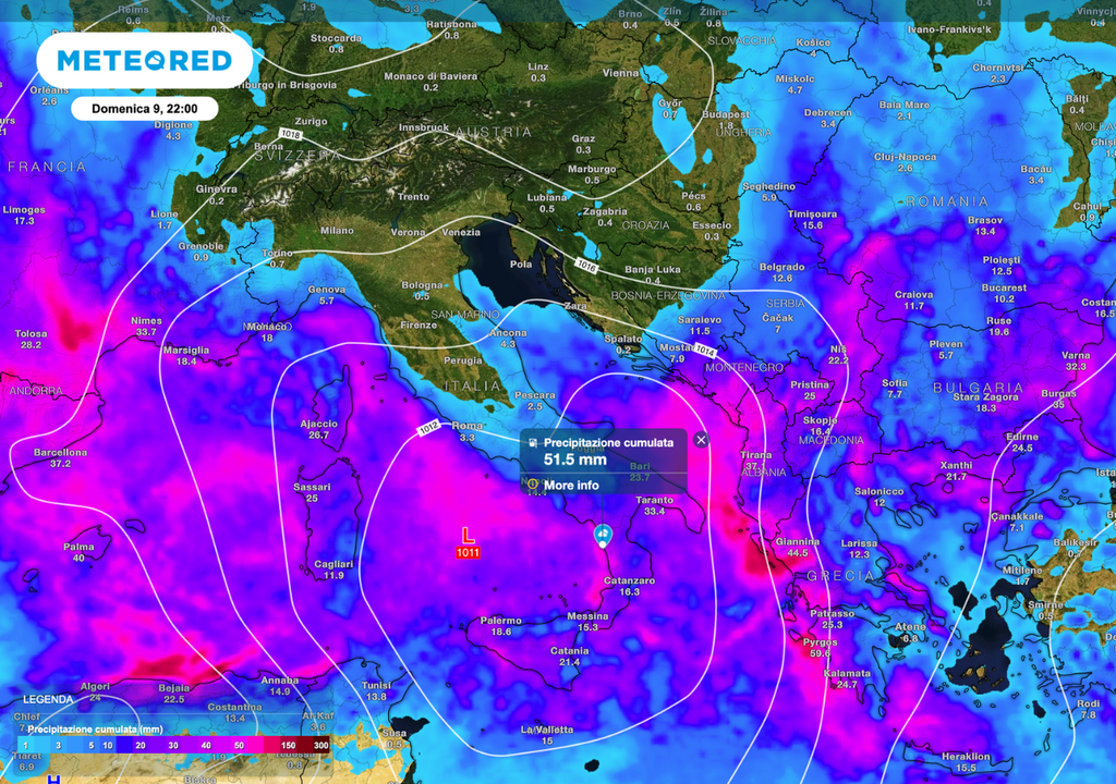 Domenica: secondo vortice in azione, precipitazioni intense tra Sud e medio Adriatico.