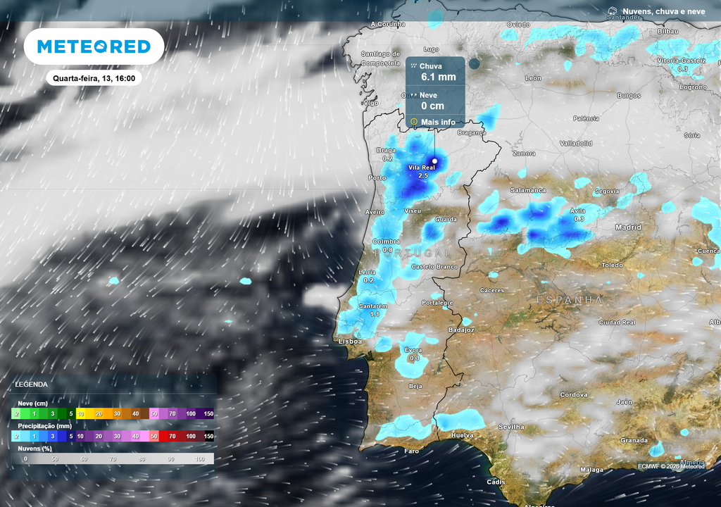 Na tarde de 13 de maio, a chuva ainda afeta várias regiões de Portugal, com maior intensidade no Norte e Centro.