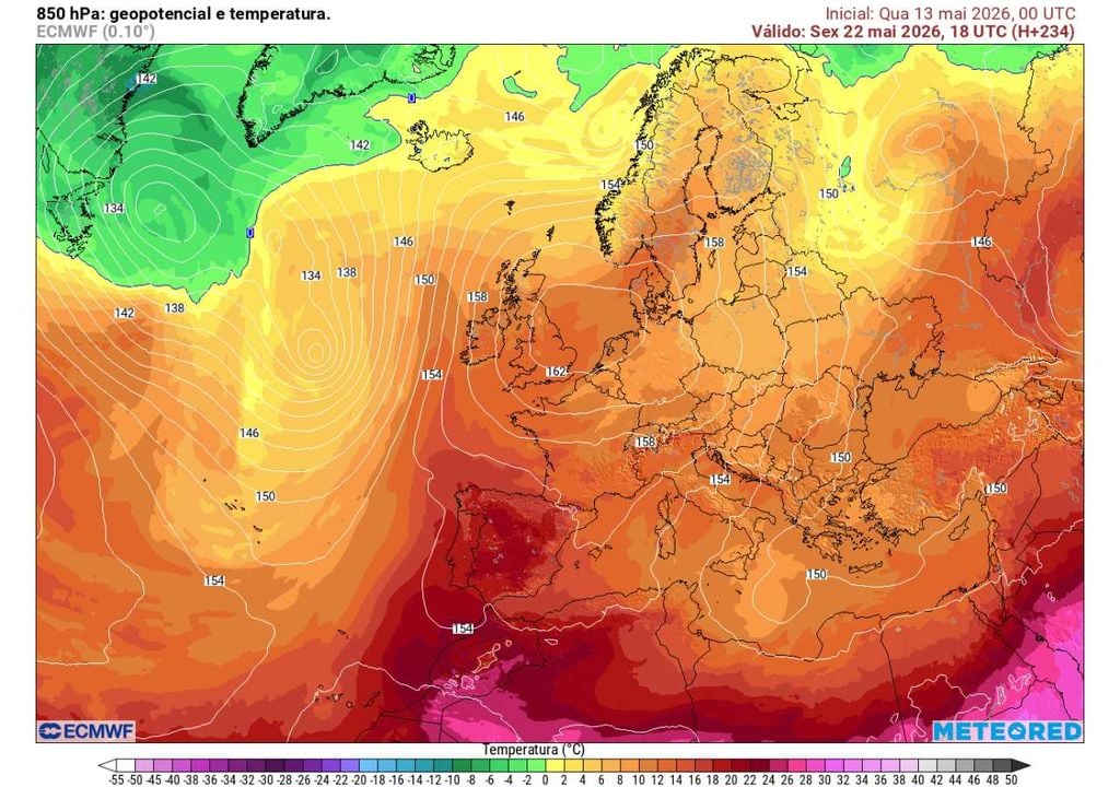 Geopotêncial 850 hPa Os mapas de 850 hPa mostram a ascensão de uma massa de ar muito quente de origem africana, com subida térmica prevista entre 20 e 24 de maio e pico de calor provável entre sexta e sábado.