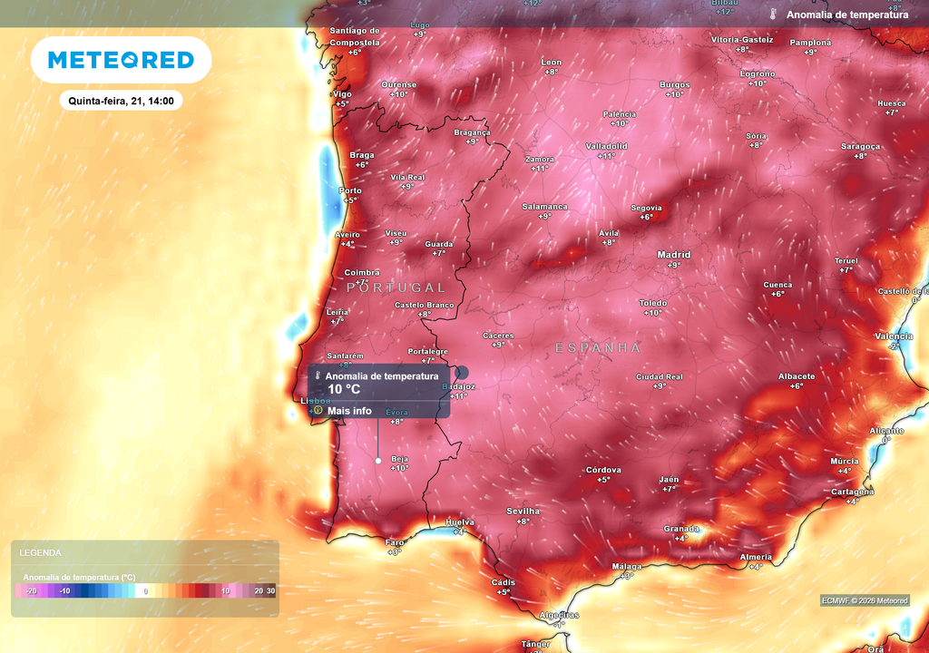 anomalia térmica Os tons vermelhos indicam temperaturas acima da média. Esta é a distribuição das anomalias positivas para a próxima quinta-feira, dia 21 de maio, às 14h.