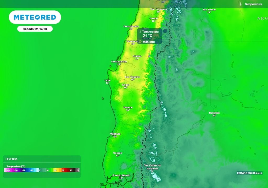 Dorsal cálida subirá las temperaturas en Chile centro-sur Temperatura máxima (°C) para el sábado (22) en el centro-sur de Chile.