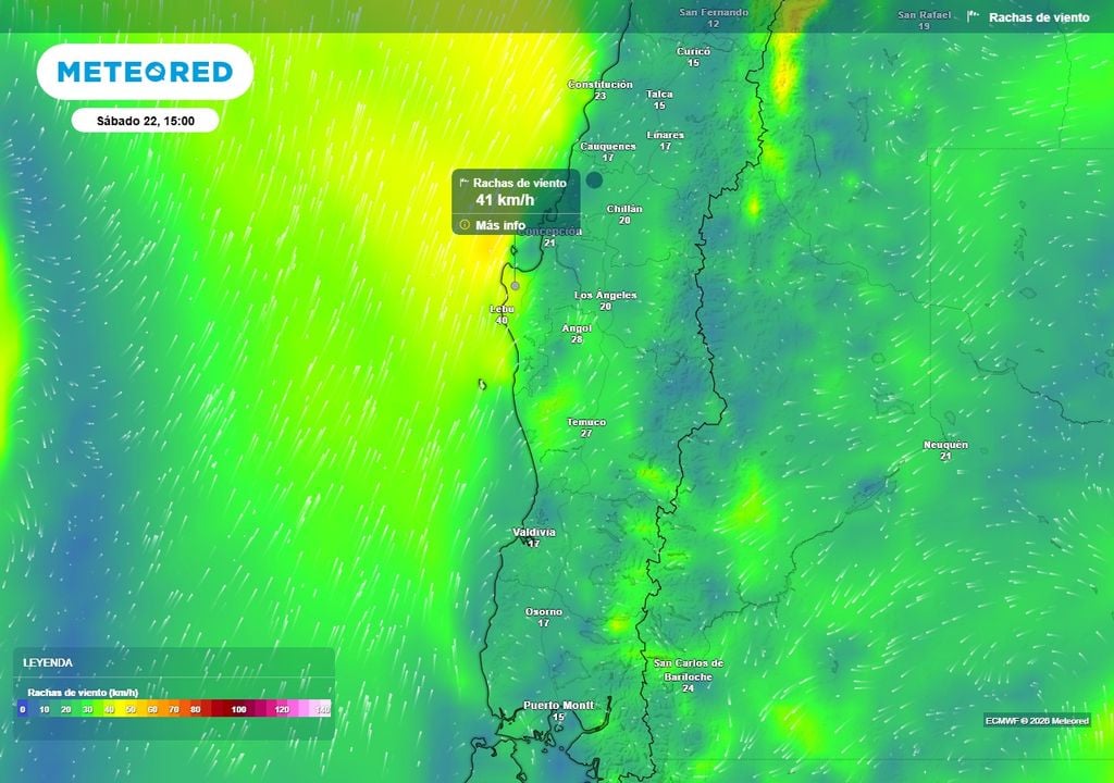 Dorsal cálida provocará rachas de viento de 40 km/h en Chile centro-sur Rachas de viento (km/h) para la tarde del sábado (22) en Chile centro-sur.