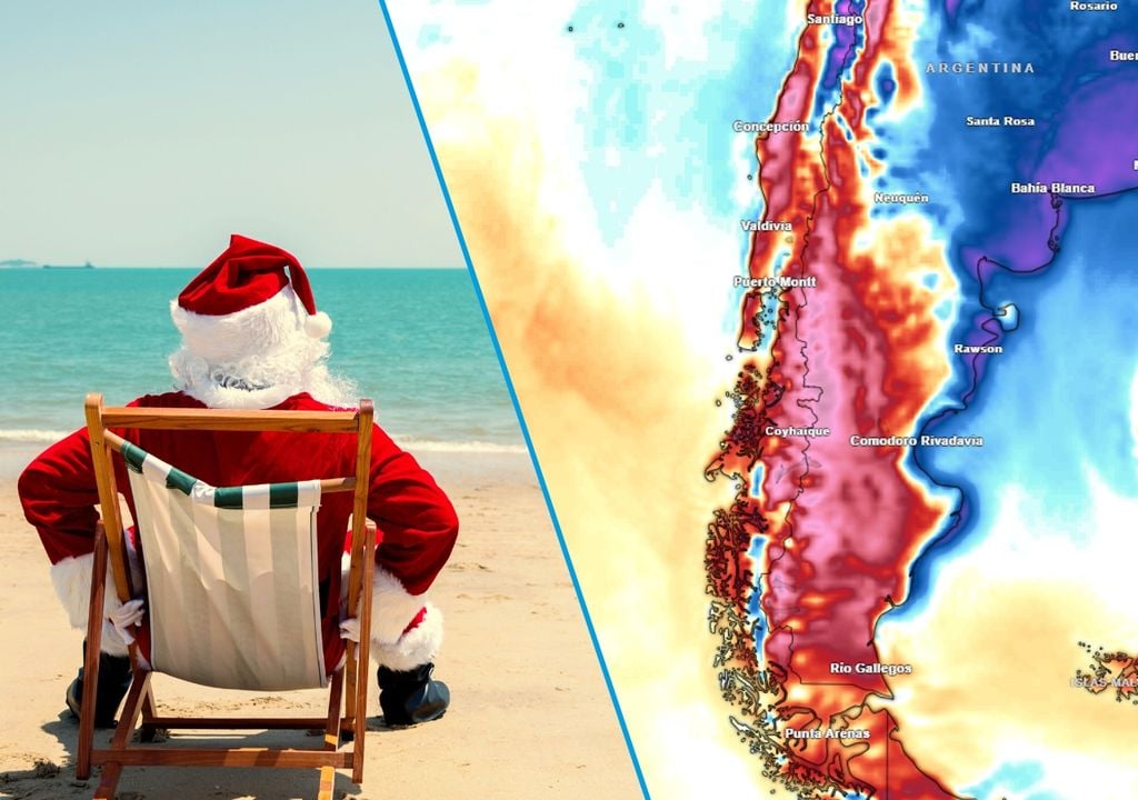 imagen de anomalías de temperaturas y el Viejito Pascuero en una silla de playa, frente al mar