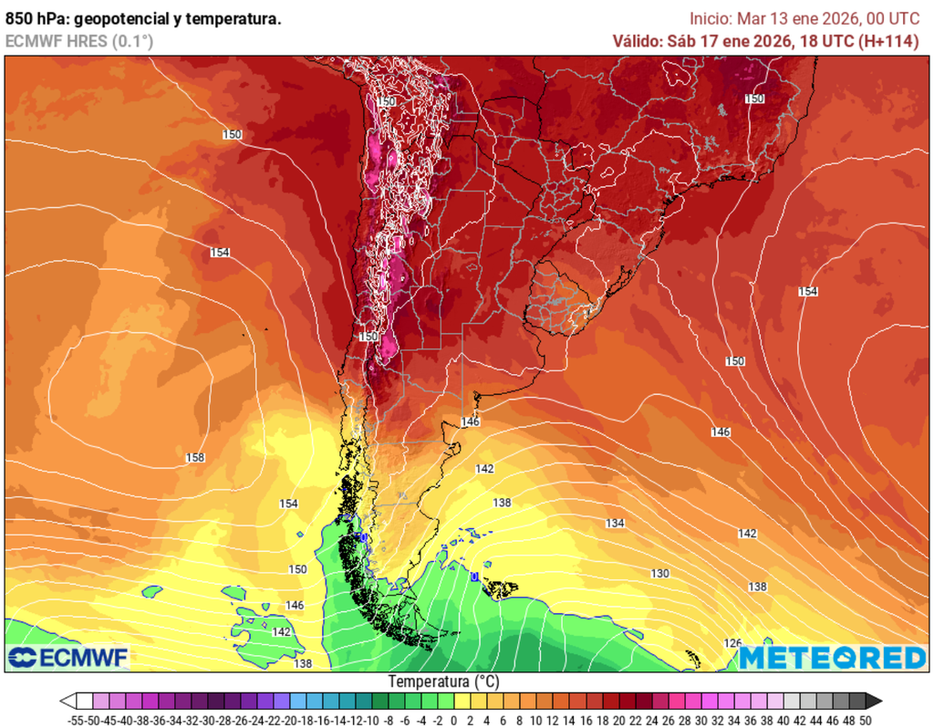 El campo de geopotencial y temperatura a 850 hPa del modelo ECMWF