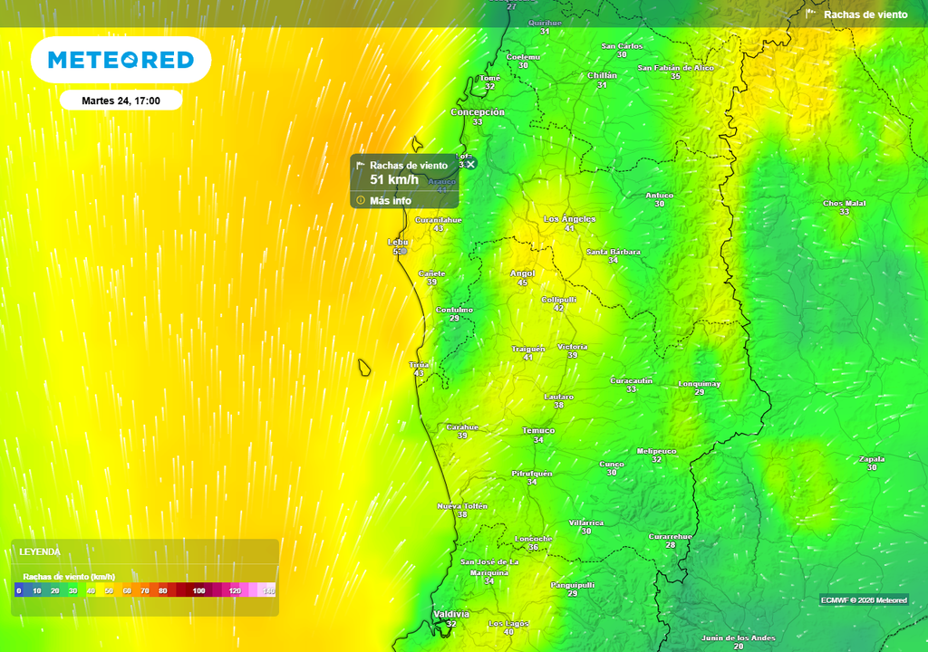Rachas de viento (km/h) para la tarde del martes 24 de febrero 2026 en Chile centro-sur.