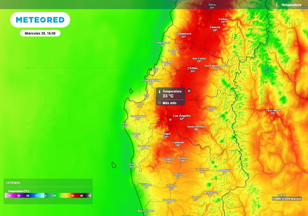 Temperatura máxima (°C) para el miércoles 25 de febrero 2026 en Chile centro-sur.