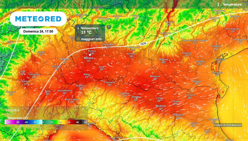 caldo italia temperature Le temperature previste domenica 24 maggio pomeriggio sull'Italia del Nord. Valori oltre i 30°C in pianura Padana.