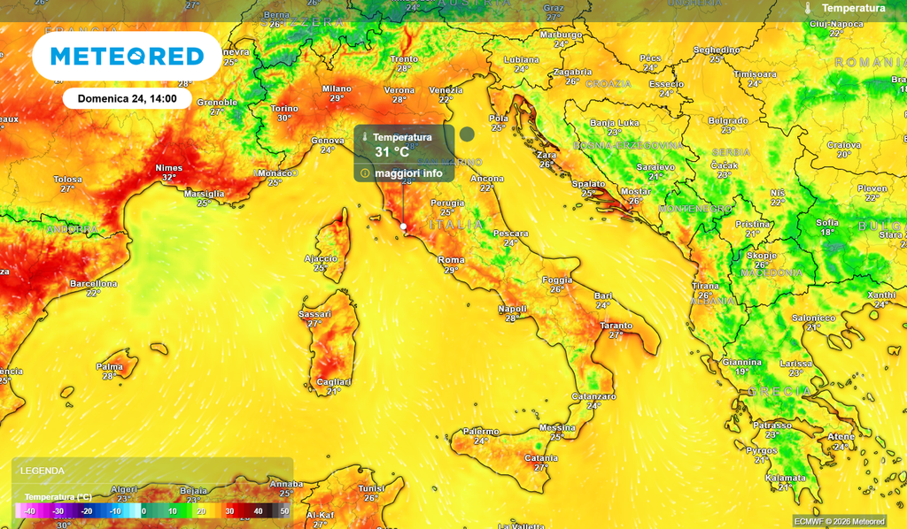 Temperature domenica Temperature massime previste nel corso della giornata di domenica.
