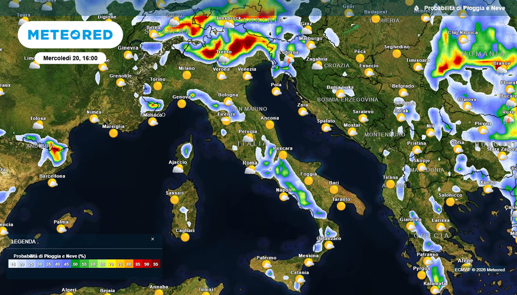 La probabilità di piogge e temporali nel pomeriggio di mercoledì 20 maggio sull'Italia. Mappe Meteored Italia.