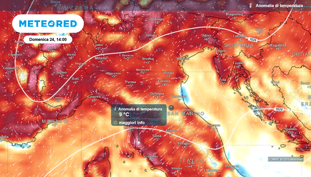 anomalie temperatura italia domenica 24 maggio 2026 Le anomalie di temperatura previste nell'Italia settentrionale domenica 24 maggio 2026. Fino a 9°C sopra la media del periodo sulla fascia tirrenica toscana.