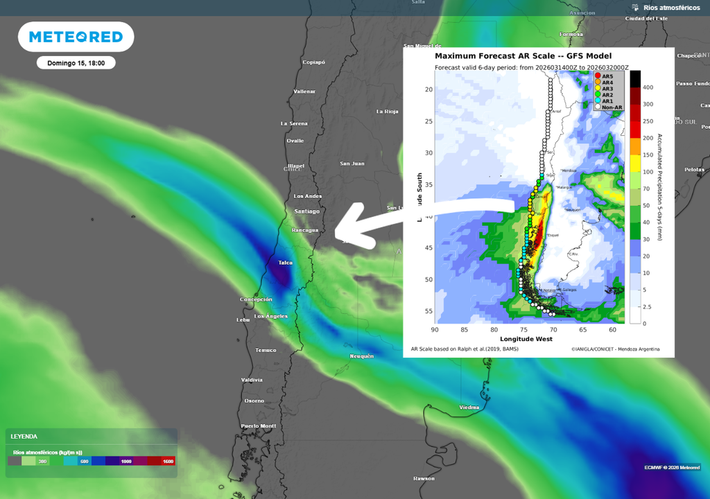 El río atmosférico se moverá por la zona central con una categoría fuerte, intermediaria en la escala de clasificación. Su vapor incrementará las lluvias, dejando