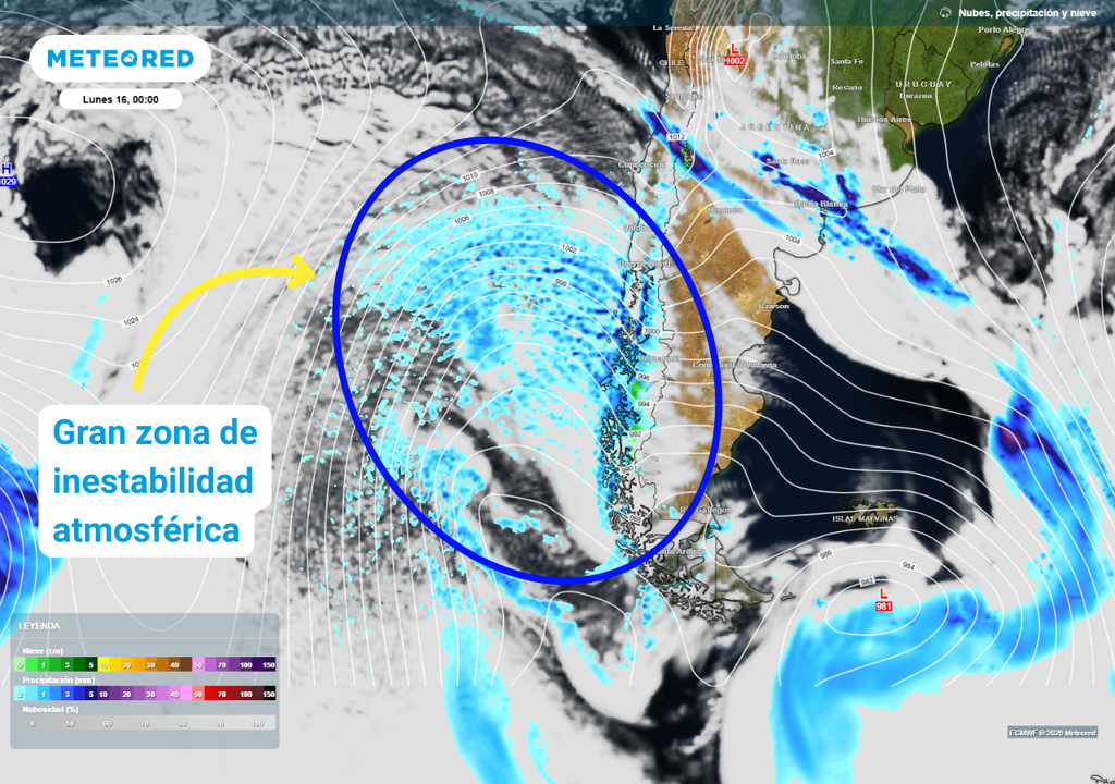La zona de inestabilidad que cruzará por el sur de Chile y parte de la Patagonia será extensa. El potencial para desarrollo de tormentas eléctricas estará presente durante el domingo y lunes en esos sectores del país.