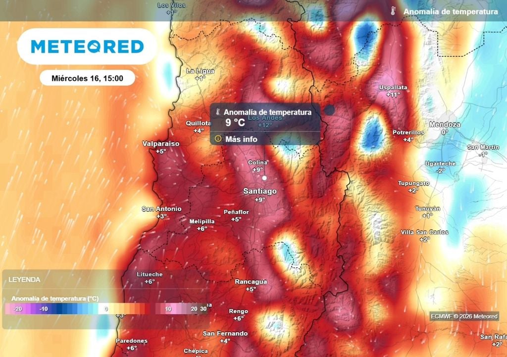 Temperaturas sobre los promedios climatológicos: modelo ECMWF prevé hasta 9 °C por sobre lo normal en Santiago la próxima semana.