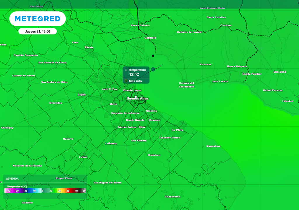 ´frío invernal en el AMBa Jueves 21 y viernes 22 de mayo con ambiente invernal durante todo el día en el AMBA. Temperatura estimada para la tarde del jueves 21 por el Modelos ECMWF.