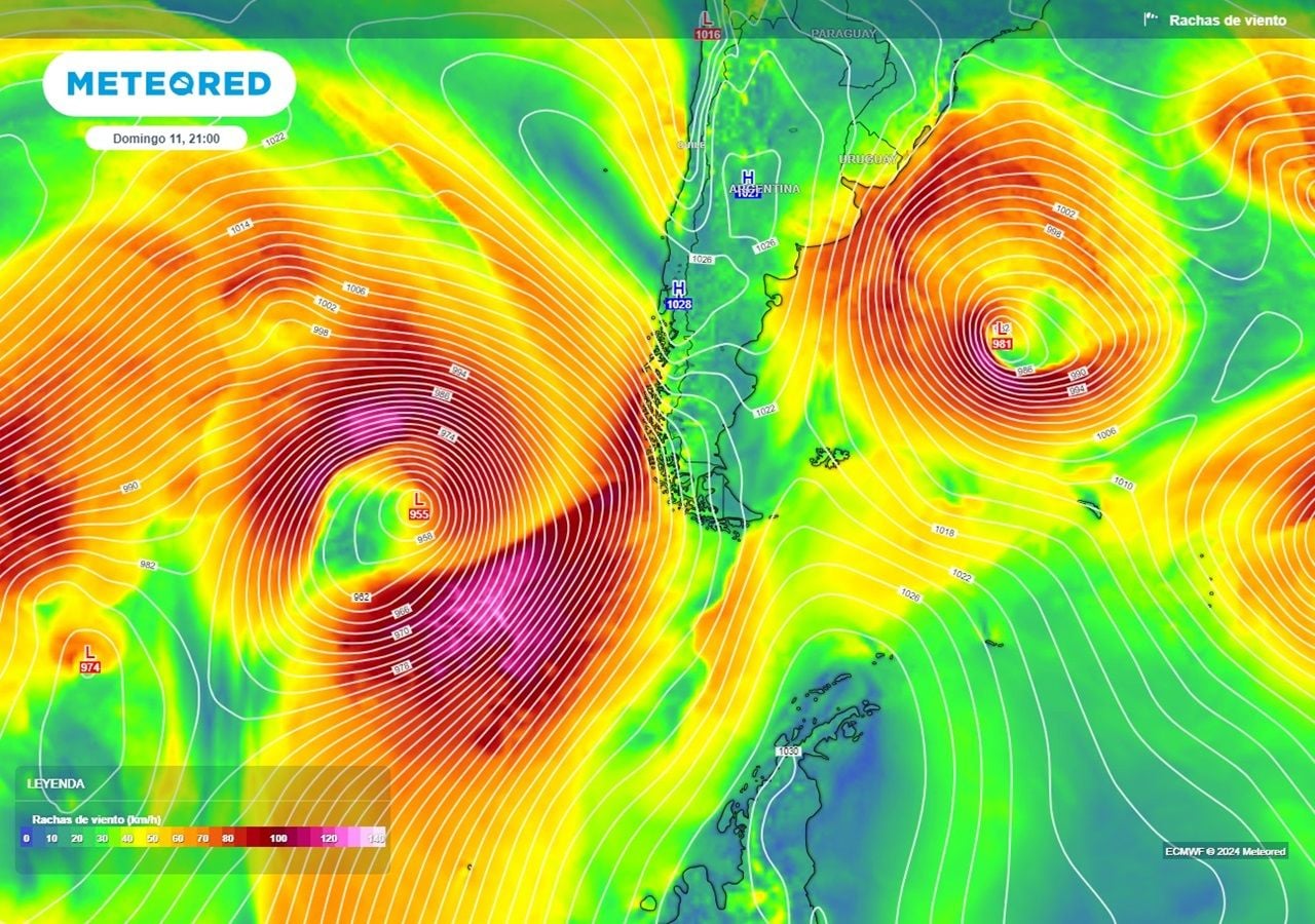 El modelo del ECMWF está proyectando el desarrollo de dos intensos centros de baja presión que se ubicarán a ambos lados del cono sur.