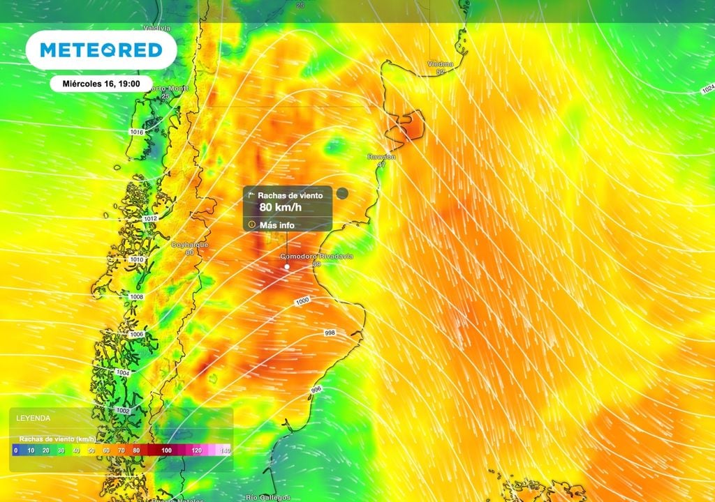 Viento intenso Durante el miércoles 16 el pasaje de un sistema frontal producirá ráfagas intensas especialmente sobre el norte de Santa Cruz, Chubut y algunos sectores de Río Negro.