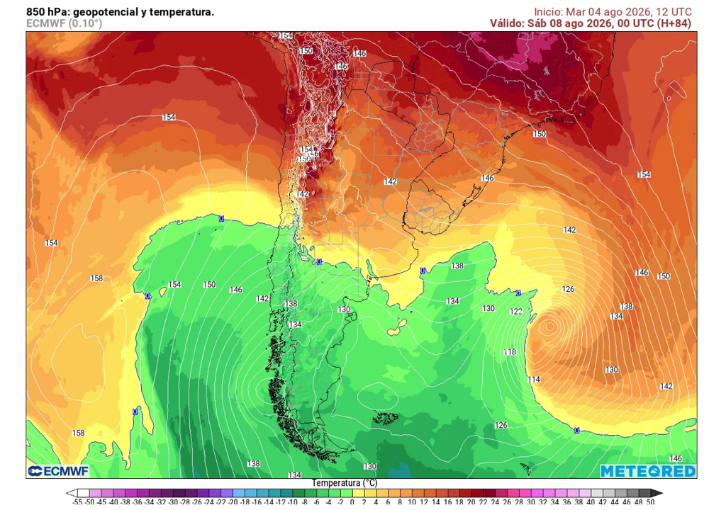 carta de geopotencial y temperatura en 850 hPa Este viernes llegará un frente, seguido por una masa de aire muy frío, que permitirá la disminución brusca de las mínimas durante el fin de semana.