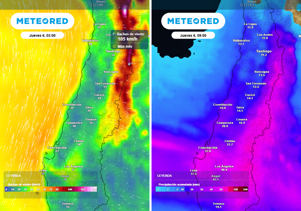 mapas de rachas de viento y precipitación acumulada El sistema frontal traerá fuertes vientos, de hasta 100 km/h en cordillera central. Además, dejará acumulados de hasta 50 mm en precordillera.