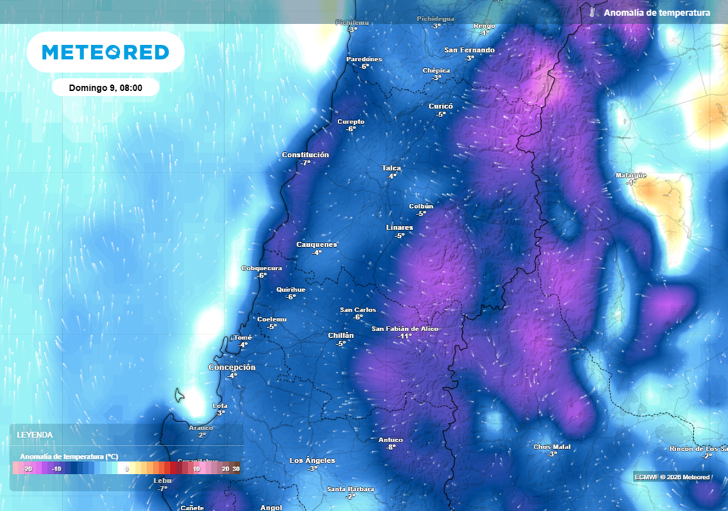 mapa de anomalía de temperatura Este domingo se podría concretar la mañana más fría de la semana en la zona central, con mínimas bajo cero en localidades como Curicó y Chillán.