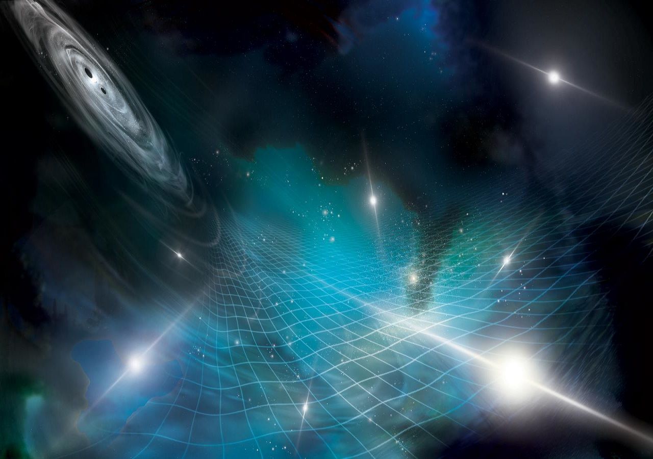 Interpretación artística de púlsares afectados por ondas gravitacionales producidas por un sistema de agujeros negros supermasivos. Crédito: Aurore Simonnet / NANOGrav