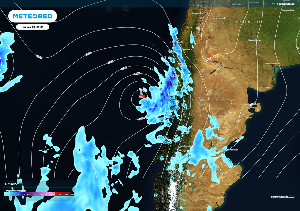 lluvias previstas El jueves (28) será una jornada de chubascos en el centro sur y sur de Chile.