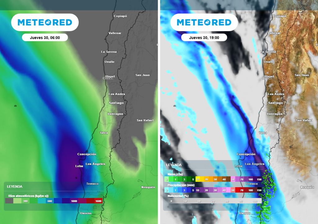 El jueves llegará un río atmosférico categoría 3 a 4 a las regiones del centro sur, abarcando hasta Maule, con pulsos intensos de lluvia en la tarde.