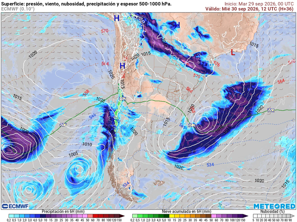 Ingreso del primer sistema frontal que afectará desde O'Higgins hasta el sur del país. Se observa como se aproxima el segundo en el océano.