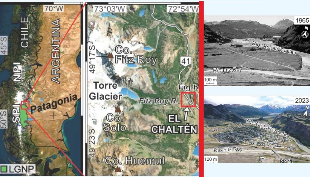 Zona de estudio sobre la vulnerabilidad en El Chaltén Análisis preliminar sobre la vulnerabilidad en El Chaltén, Santa Cruz. Créditos: Daniela Schmidt, et al.