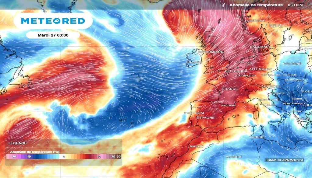 Air doux Une masse d'air très douce pour la période est advectée vers la France en ce début de semaine grâce à la bascule du flux au sud-ouest en altitude
