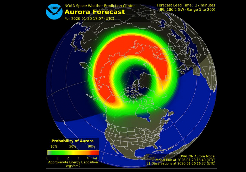 Secondo lo Space Weather Aurora forecast stanotte l'aurora sarà ben visibile dalle medio-alte latitudini europee, non escludendo la possibilità molto bassa di intrusioni alle basse latitudini. Credit: NOAA