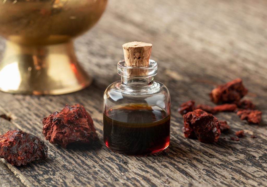 La savia roja o sangre de drago en forma de resina y de aceite.