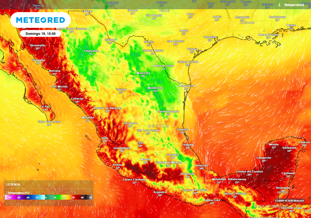 Aire polar enfriará el norte y noreste con 10-20 °C, menores en montañas, mientras el Centro y Oriente registran 15-25 °C. El intenso calor seguirá en el Pacífico y Sureste.