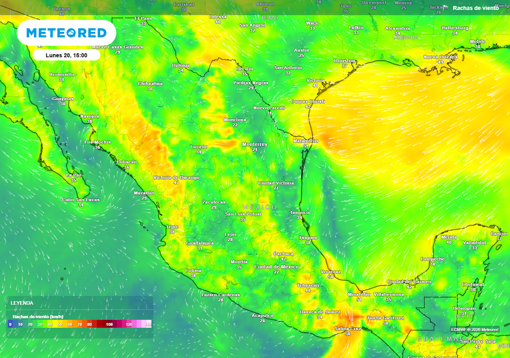 Vientos de 30-60 km/h estarán sobre entidades del norte, centro y sureste; posible breve evento "Norte" de 50-75 km/h de domingo a lunes.