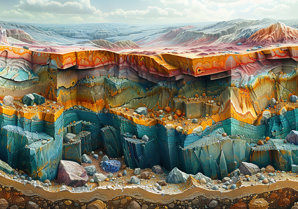 Creative art illustration generated using AI to depict Earth's inner crust and mantle below.