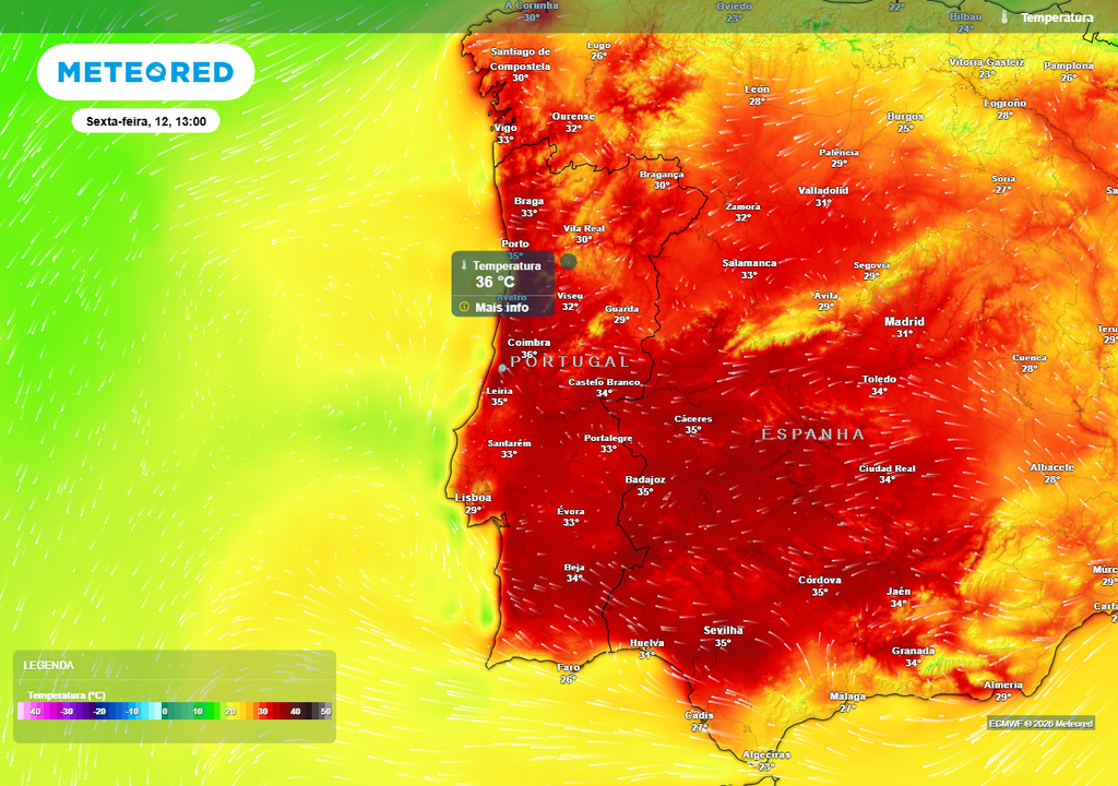 Nos próximos 3 dias, entre quarta-feira (10) e sexta-feira (12), duas capitais distritais do litoral das Regiões Norte e Centro - Porto e Leiria - registarão uma subida das temperaturas máximas igual ou superior a 10 ºC, passando dos 24/25 ºC para 35/36 ºC.