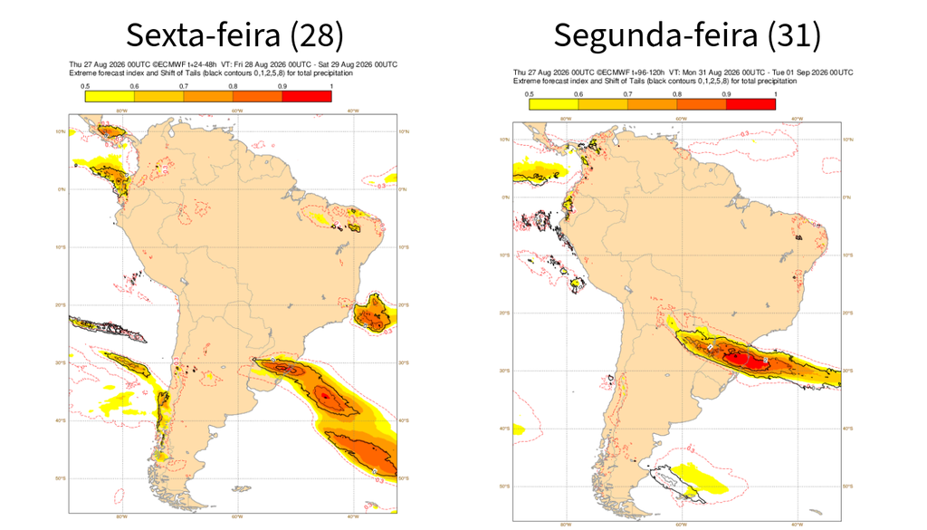 EFI do ECMWF para a precipitação alerta para chuvas incomuns a extremas durante 4 dias seguidos. Créditos: Meteored/ECMWF. EFI do ECMWF para a precipitação alerta para chuvas incomuns a extremas durante 4 dias seguidos. Créditos: Meteored/ECMWF.