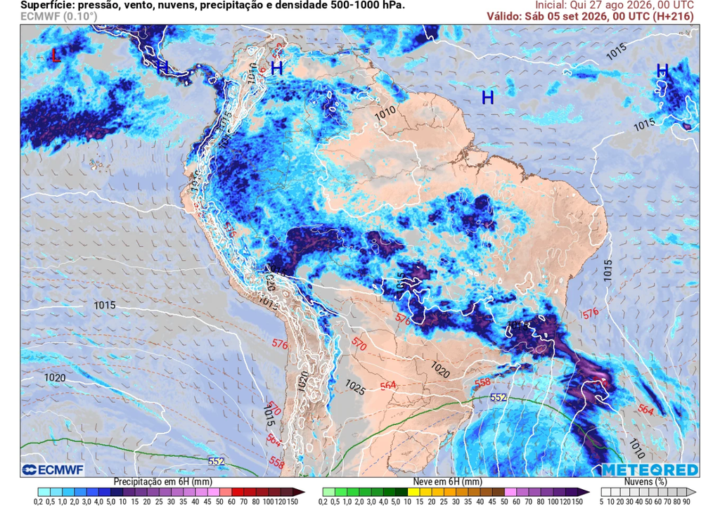 Previsão de chuva acumulada até o dia 6 de setembro, segundo o ECMWF. Previsão de chuva acumulada no dia 5 de setembro, segundo o ECMWF.