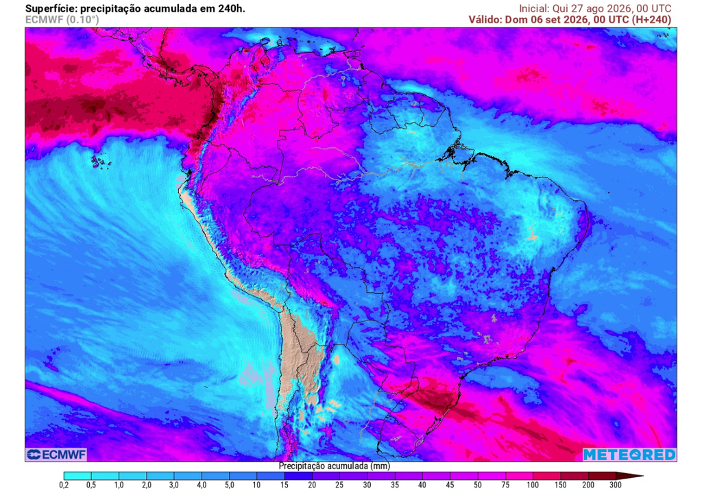 Previsão de chuva acumulada até o dia 6 de setembro, segundo o ECMWF. Previsão de chuva acumulada até o dia 6 de setembro, segundo o ECMWF.