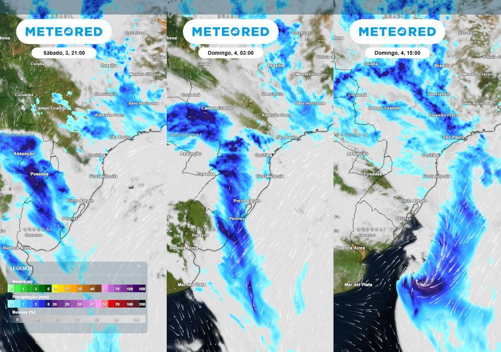 Previsão de nebulosidade, ventos e chuva entre o sábado e o domingo. Previsão de nebulosidade, ventos e chuva mostra que uma segunda frente fria se forma entre o sábado e o domingo, causando pancadas de chuva sobre o Sul, Sudeste e Centro-Oeste.