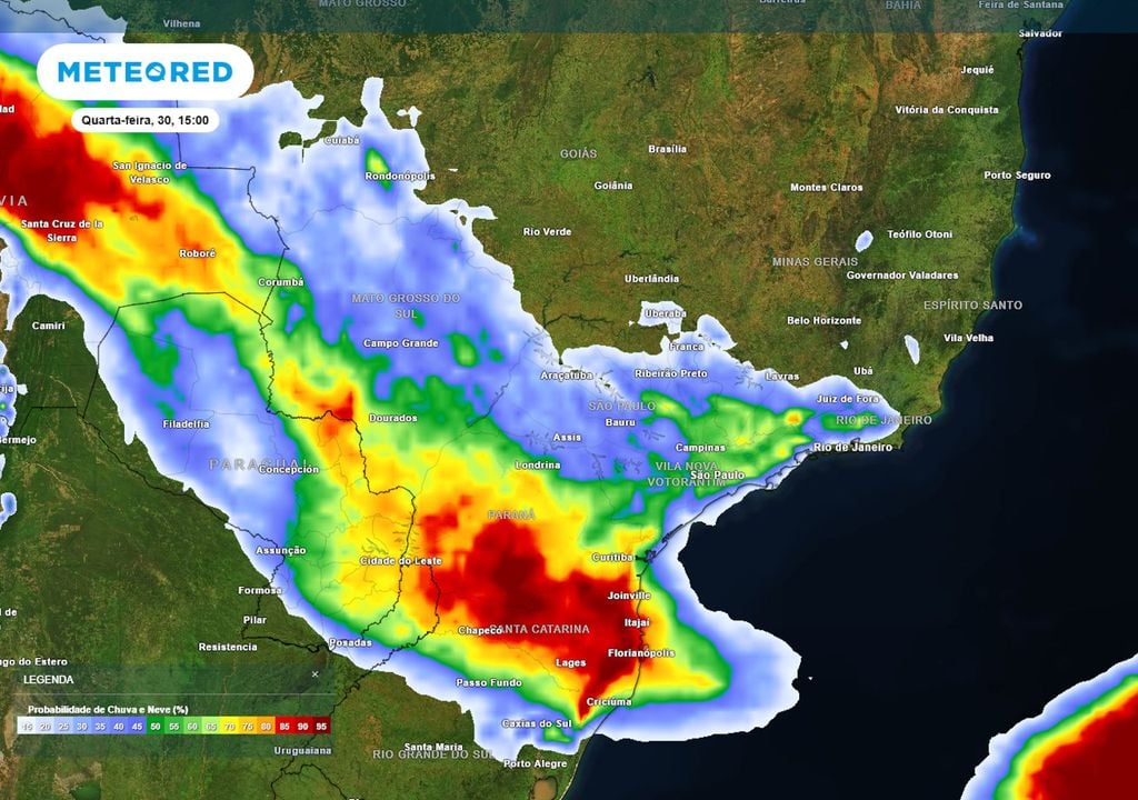 Previsão de probabilidade de chuvas na quarta-feira de tarde. Previsão de probabilidade de chuvas na quarta-feira de tarde mostra tempestades se formando de maneira intensa sobre o Sul, podendo atingir também parte do Sudeste e Centro-Oeste.