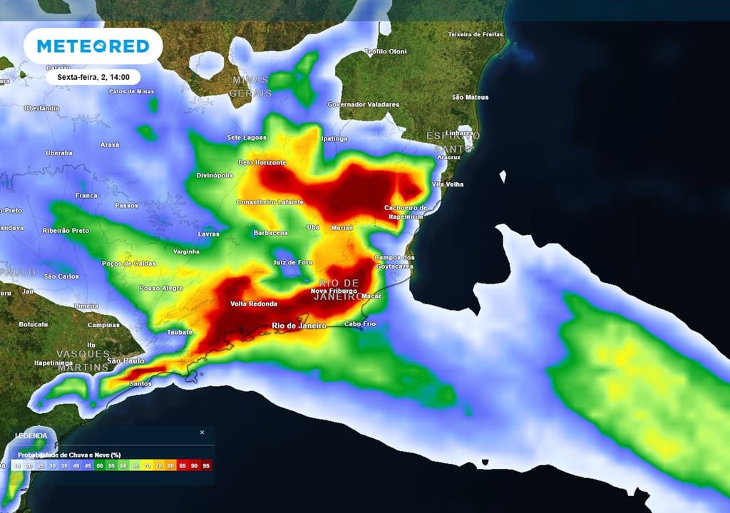 Previsão de probabilidade de chuvas na sexta-feira de tarde. Previsão de probabilidade de chuvas na sexta-feira de tarde mostra tempestades se formando de maneira mais abrangente sobre o Sudeste, atingindo parte dos estados de MG, RJ e ES.