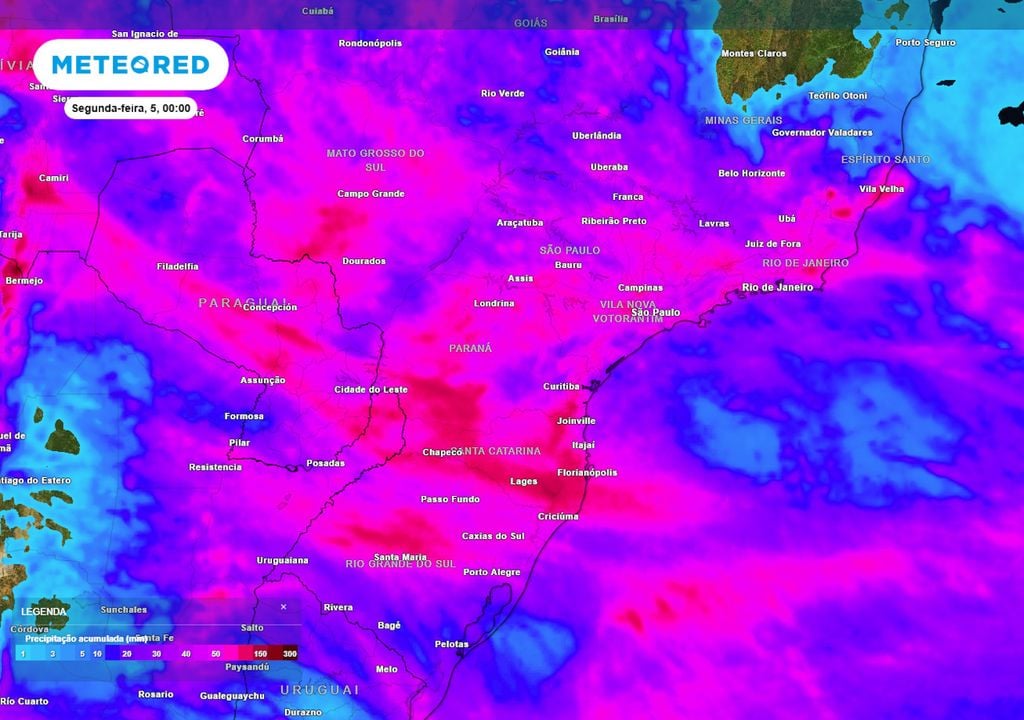 Previsão de acumulados totais de chuva até o final do domingo. Previsão de acumulados totais de chuva até o final do domingo mostra que diversos municípios do Sul, Sudeste e Centro-Oeste podem registrar volumes de 100 mm ou mais esta semana.