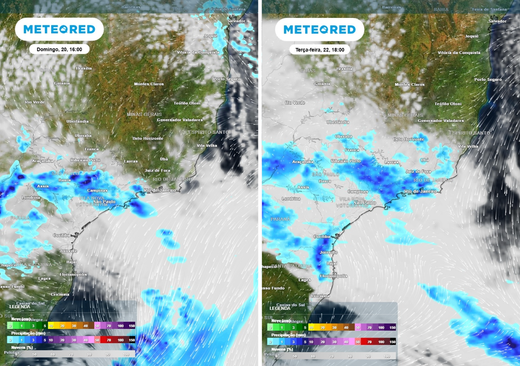 Previsão de chuvas (mm) para o domingo (20) às 16h à esquerda e para a terça-feira (22) às 18h à direita, segundo o modelo europeu ECMWF.