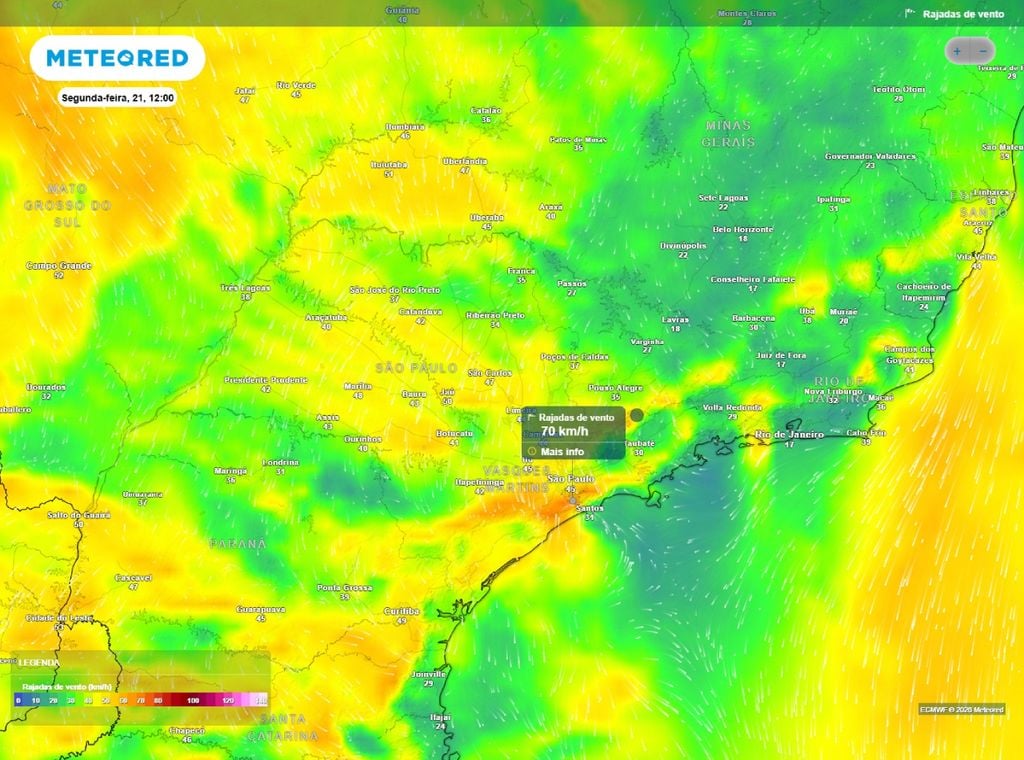 Previsão de rajadas de vento (km/h) para a segunda-feira (21) às 12h, segundo o modelo europeu ECMWF.