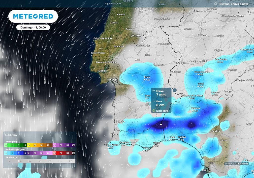 A madrugada de domingo poderá trazer períodos de chuva ao Sul de Portugal, embora a precipitação prevista seja relativamente breve e tenda a dispersar-se nas horas seguintes.