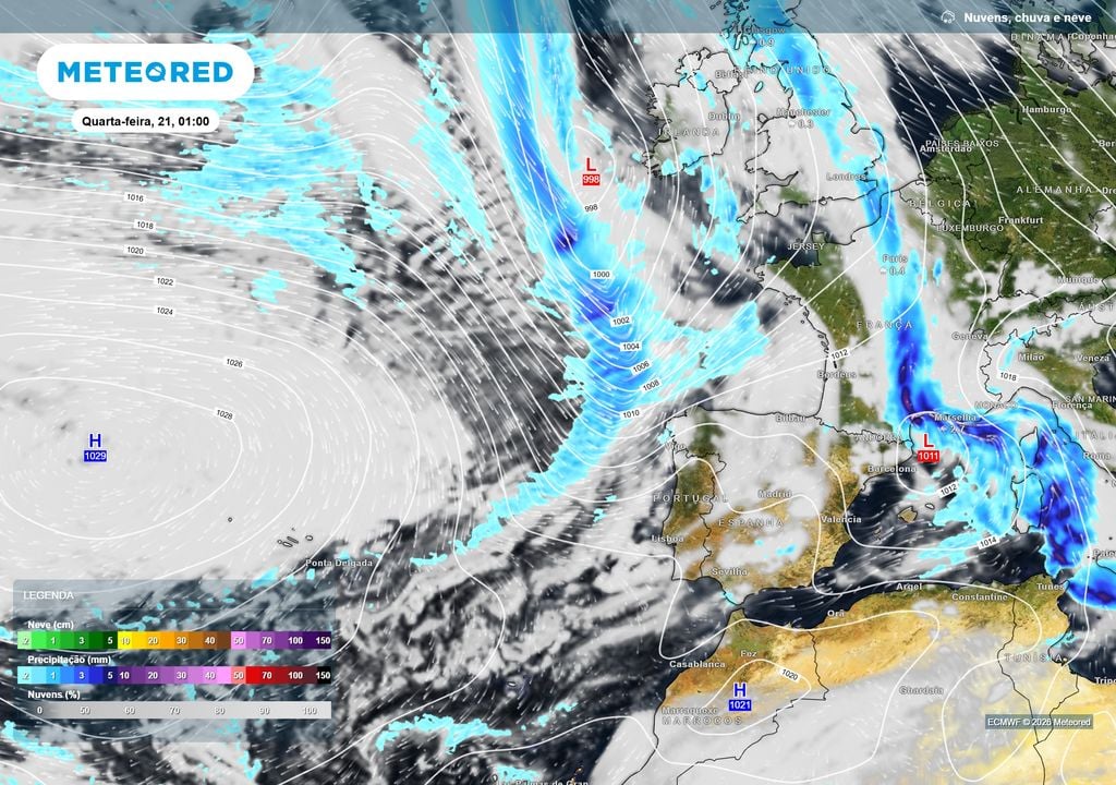 A primeira frente atlântica poderá aproximar-se de Portugal no dia 21, associada a uma depressão no Atlântico Norte. A chuva deverá chegar inicialmente ao Noroeste, podendo depois estender-se a outras regiões do Norte e Centro.