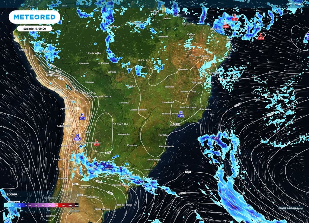 Previsão de chuva, nebulosidade e direção do vento para a manhã do sábado, 3 de abril.