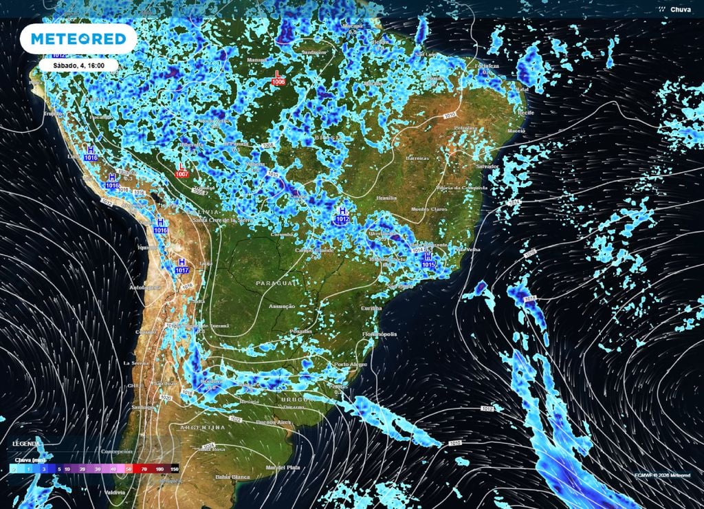 Previsão de chuva, nebulosidade e direção do vento para a tarde do sábado, 3 de abril.